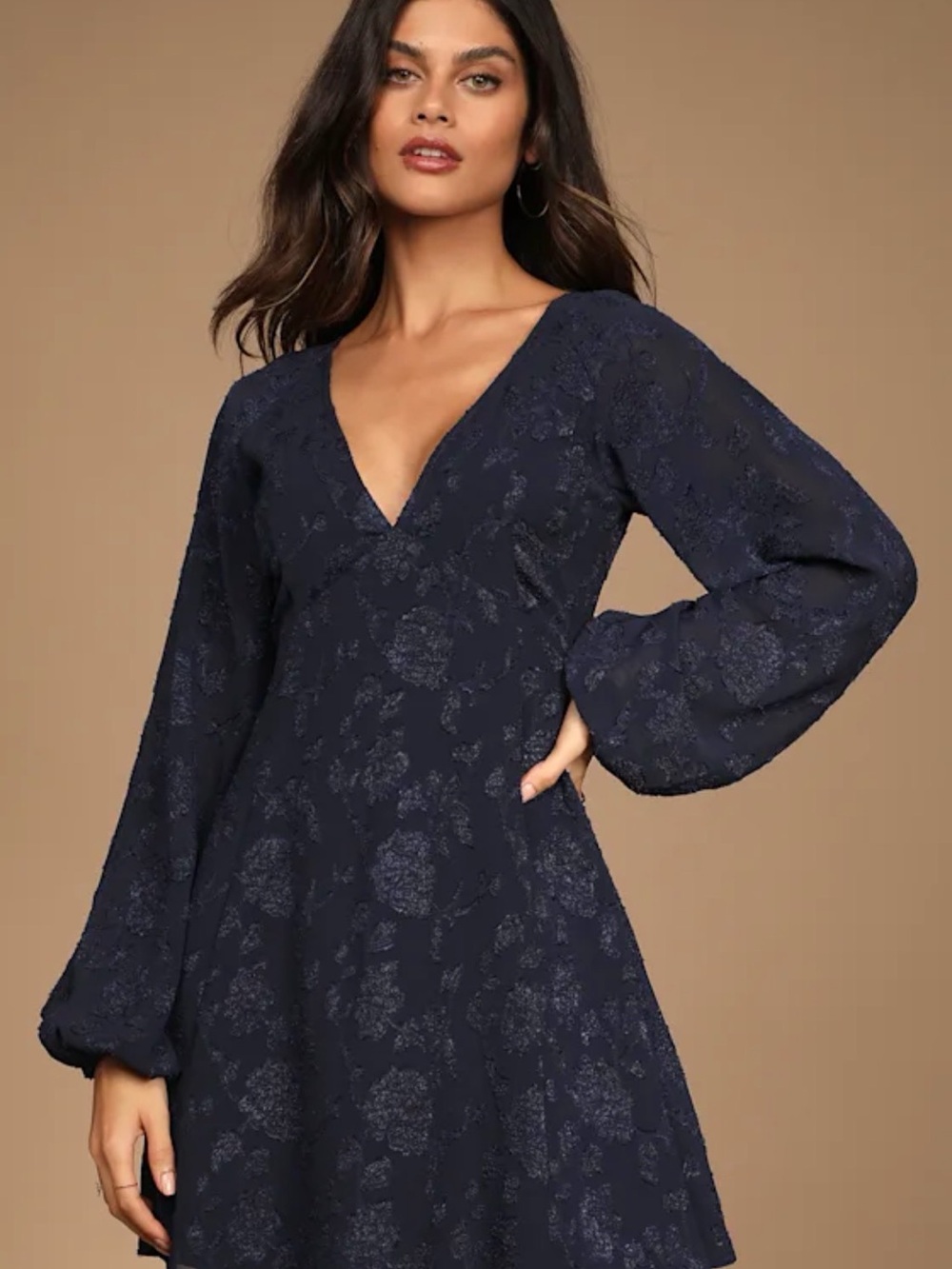 Lulus Chic Ways Navy Blue Floral Jacquard Long Sleeve Mini Dress Size Small